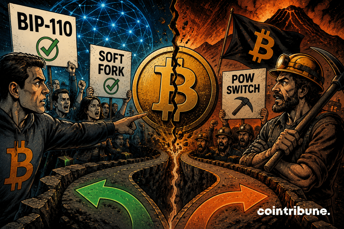 Un bitcoin fissuré sépare deux camps opposés, avec manifestants, mineurs, pancartes, pioches et routes divergentes dans une atmosphère tendue.