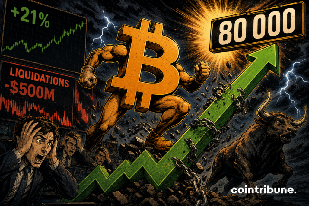 A powerful Bitcoin breaks free from its chains, surrounded by charts, panicked traders, lightning bolts, upward arrows, and an imposing bull in the background.