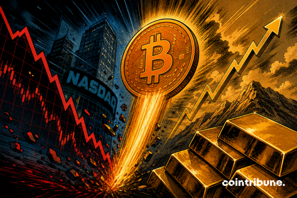 A glowing Bitcoin rises amid a falling Nasdaq, dark skyscrapers, gold bars, and a golden upward arrow.