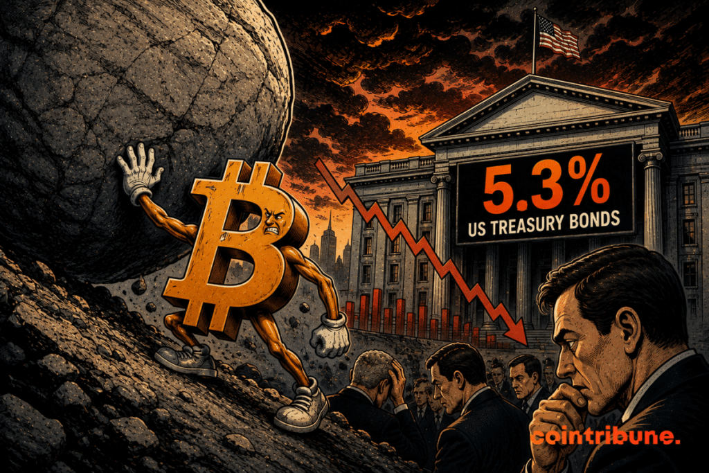 The image shows Bitcoin personified, pushing a huge boulder, an American financial building, the U.S. flag, a 5.3% bond yield, a downward-sloping curve, and several concerned investors.