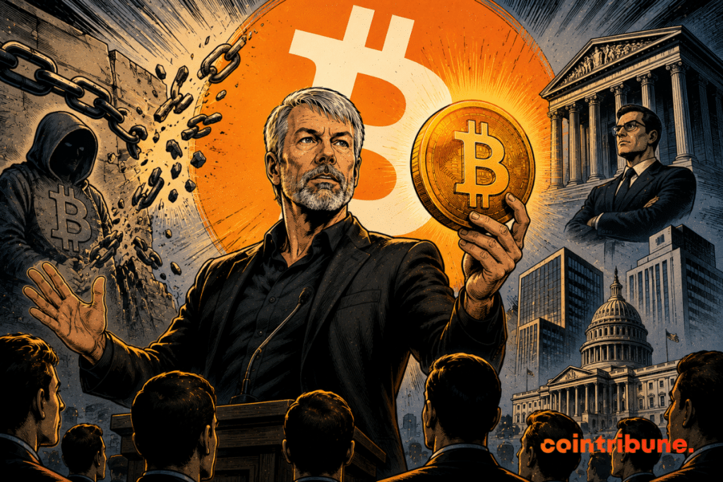 Michael Saylor brandit un Bitcoin devant une foule, entouré de chaînes brisées, d’une silhouette encapuchonnée, banques, gratte-ciels et bâtiment gouvernemental.