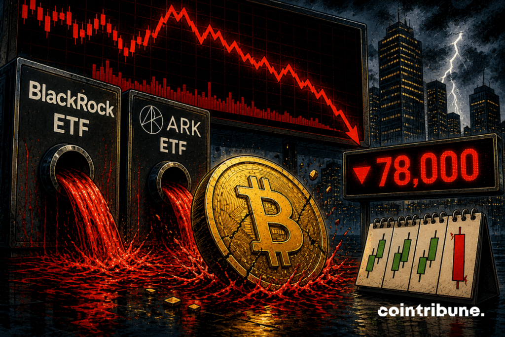 Un Bitcoin fissuré s’enfonce dans l’eau, entouré des ETF BlackRock et ARK, de graphiques rouges et d’un calendrier boursier.