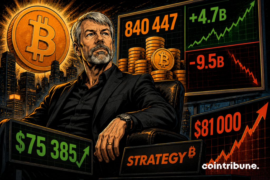 Un directivo con barba aparece sentado frente a un bitcoin gigante, montones de monedas, varios gráficos financieros y cifras luminosas en contraste.