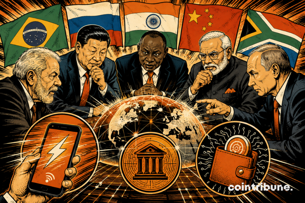 Illustration of BRICS members gathered around a project to connect CBDCs and international payment systems.