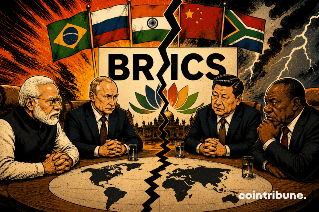 Four leaders of the BRICS alliance are gathered around a table at the New Delhi summit. The tension is palpable.