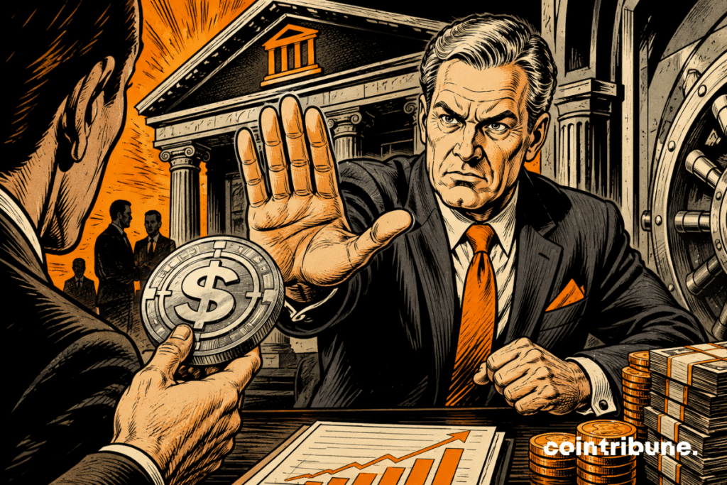 Illustration d’un banquier refusant une récompense en stablecoins face à un client, dans une banque.
