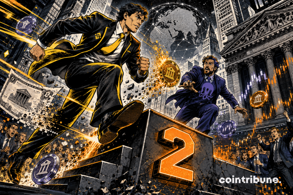 A Binance representative overtakes a Kraken rival, leaping onto a podium marked No. 2.