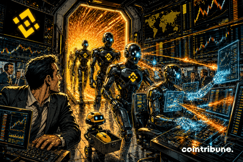 AI agents join human traders on a futuristic Binance trading platform.