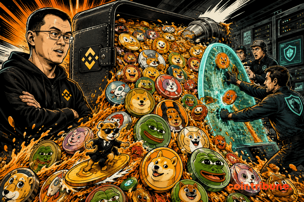 A flood of memecoins overwhelms a crypto wallet as a digital shield tries to contain the surge.