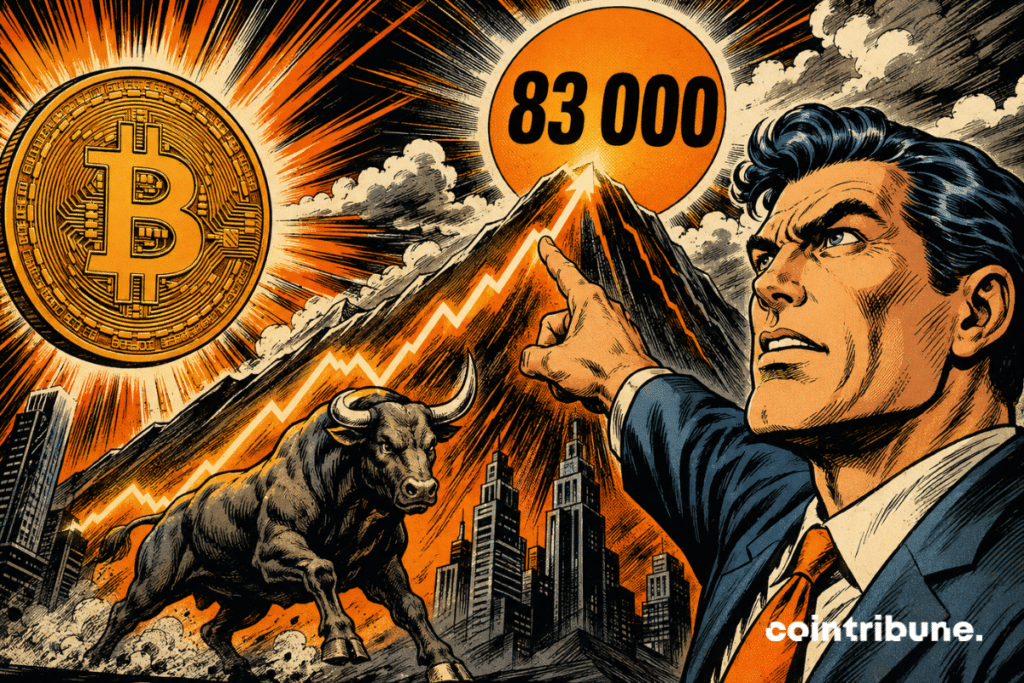 Illustration de Bitcoin face à une montagne représentant le seuil de 83 000 dollars du marché haussier.