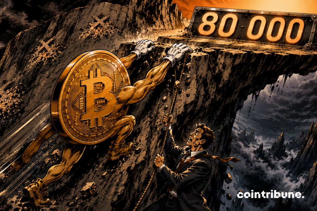 A gigantic personified Bitcoin tries to climb the final wall of a steep mountain. Its hands almost reach a metal ledge labeled only with 80000. However, the ledge breaks under its weight. The Bitcoin begins to slide backward while a trader clinging to a rope stares down at the abyss in terror.