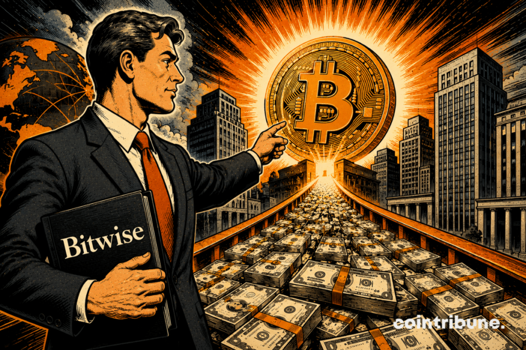 Capital flows into a giant Bitcoin coin under the watch of a Bitwise representative.