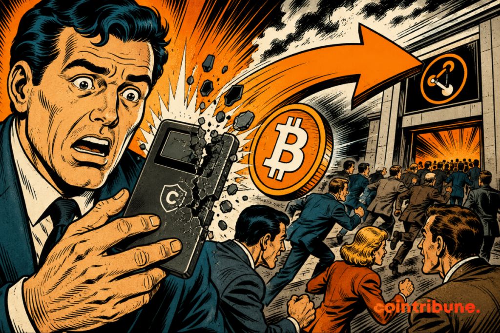 Illustration d'un portefeuille matériel Coldcard endommagé tandis que des détenteurs de Bitcoin transfèrent leurs fonds vers une plateforme d'échange après une faille de sécurité.