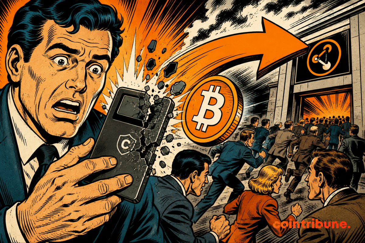 Illustration d'un portefeuille matériel Coldcard endommagé tandis que des détenteurs de Bitcoin transfèrent leurs fonds vers une plateforme d'échange après une faille de sécurité.