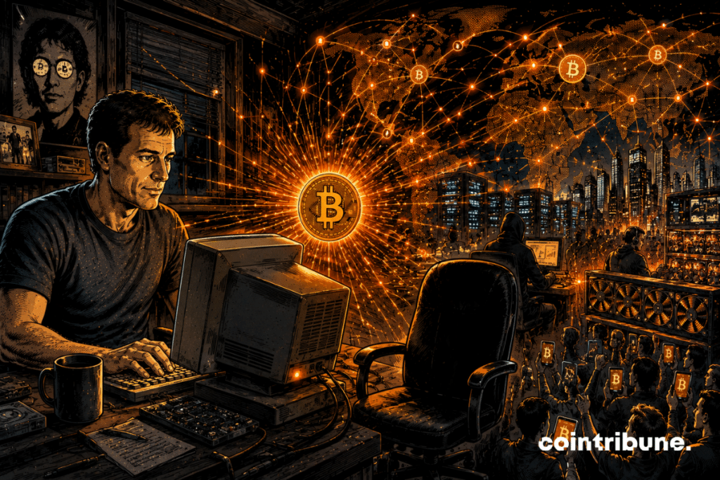 Hal Finney in front of an old computer, connected to a vast global Bitcoin network.