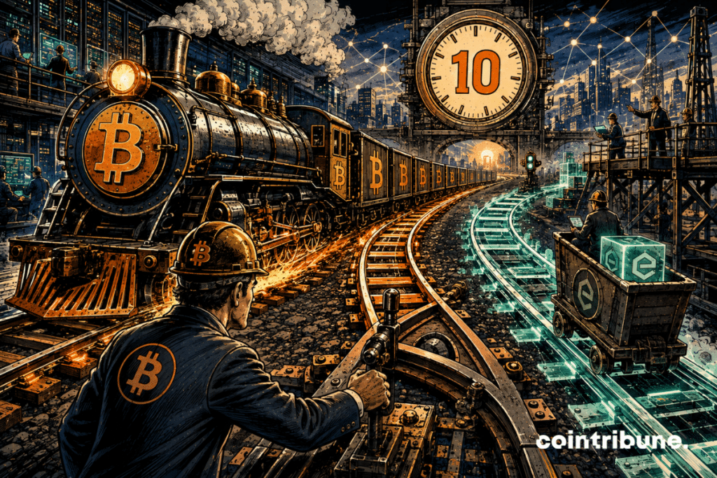 Un train Bitcoin approche d’un aiguillage vers une chaîne test, sous une horloge marquée 10.