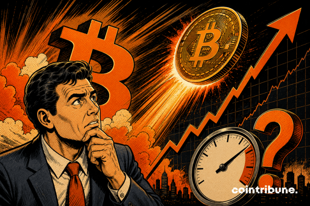 Un investisseur observe l'ascension d'une pièce de Bitcoin.