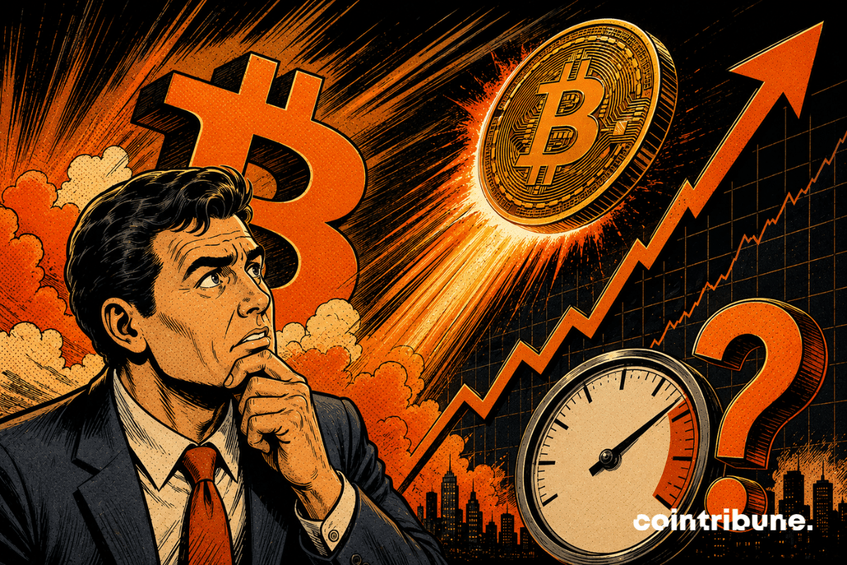 Un investisseur observe l'ascension d'une pièce de Bitcoin.