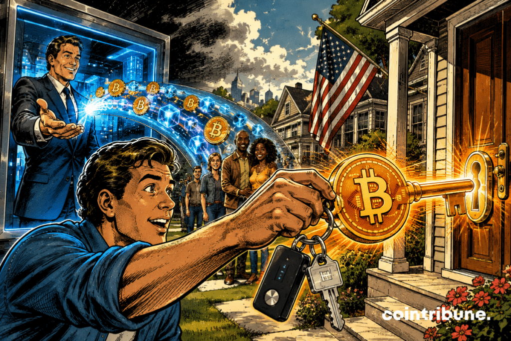 A buyer uses a Bitcoin key to unlock an American home, symbolizing a mortgage backed by crypto assets.