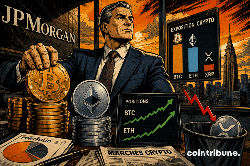 Un réprésentant de JP Morgan expose la réserve de Bitcoins et d'autres crypto de la banque.