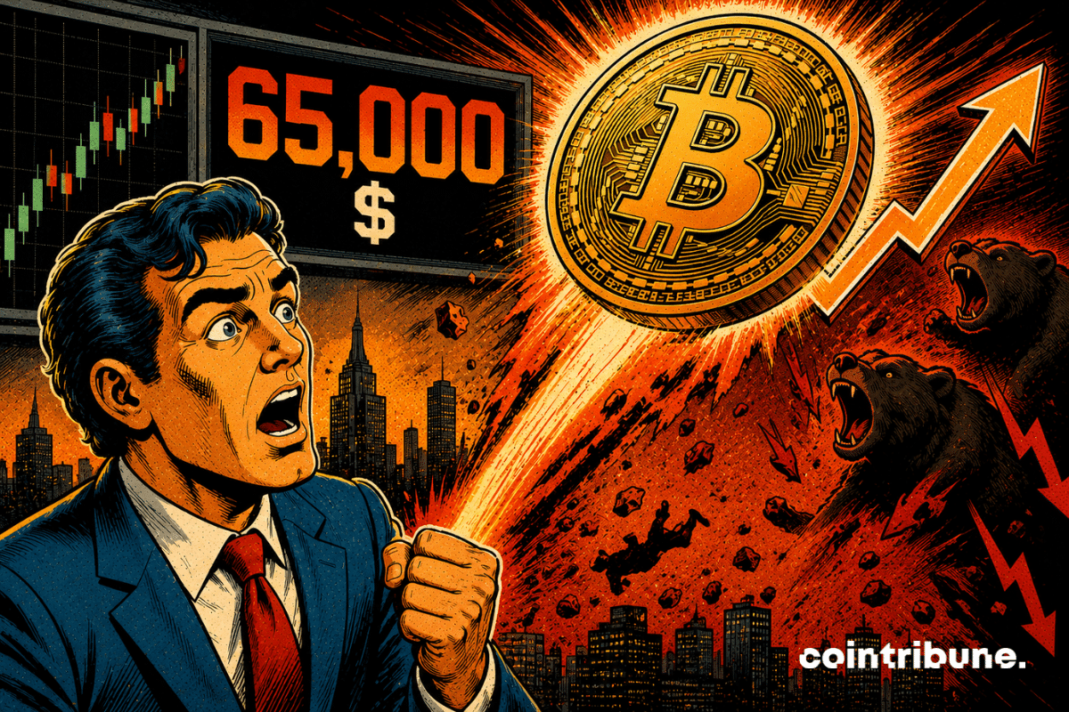 Un investisseur observe l'ascension d'une pièce de Bitcoin.