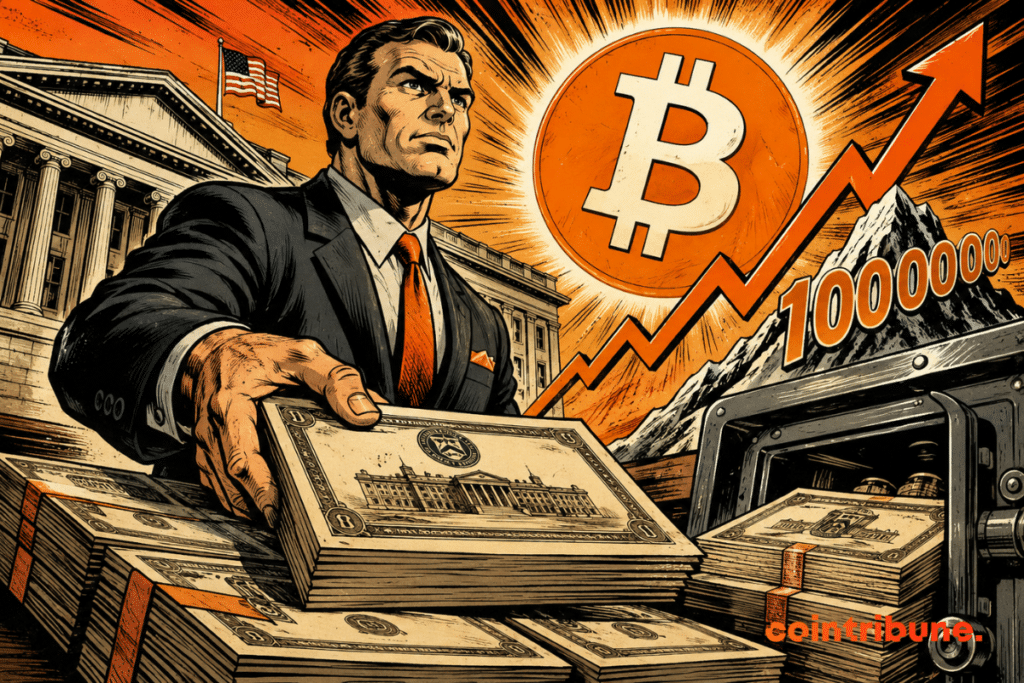 Illustration du Bitcoin atteignant 100 000 dollars, avec le Trésor américain et des billets en dollars en arrière-plan.