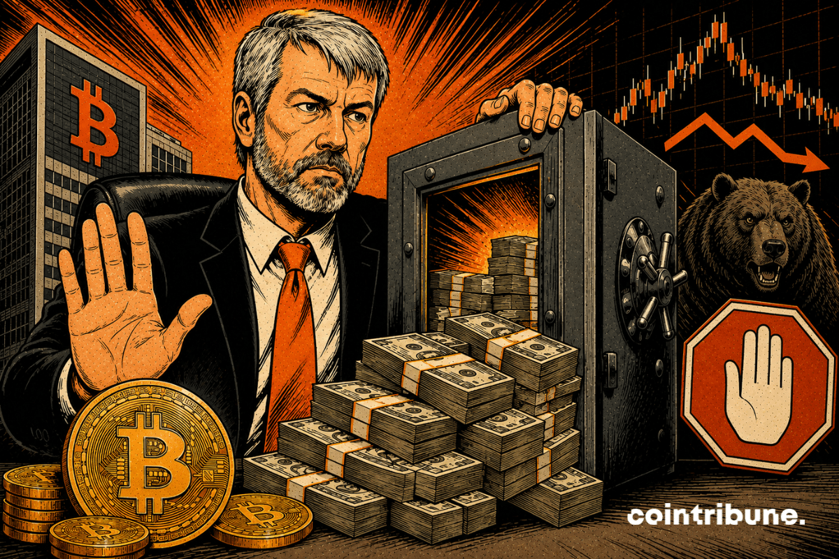 Michael Saylor's Strategy halts Bitcoin acquisitions to stockpile cash.