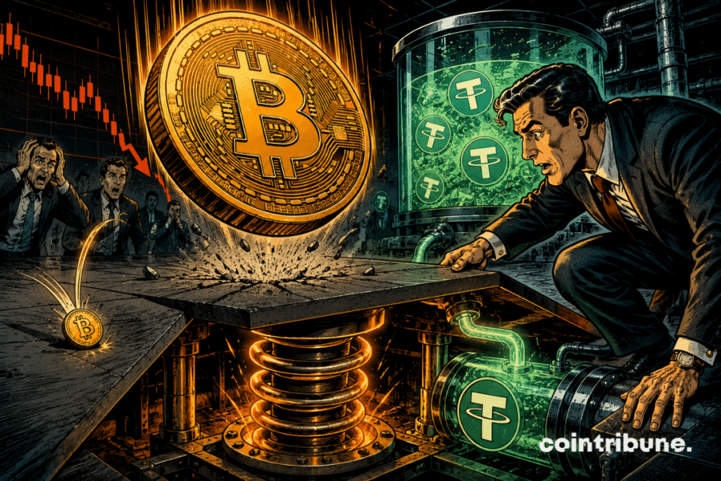 Un Bitcoin géant chute vers un sol fissuré, soutenu par un mécanisme alimenté par l’USDT.