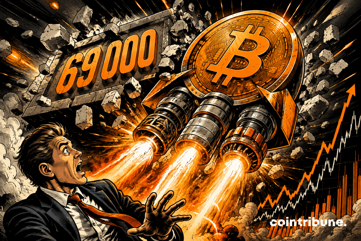 Un Bitcoin-fusée à trois réacteurs traverse le seuil des 69 000 $, sous le regard surpris d’un trader.