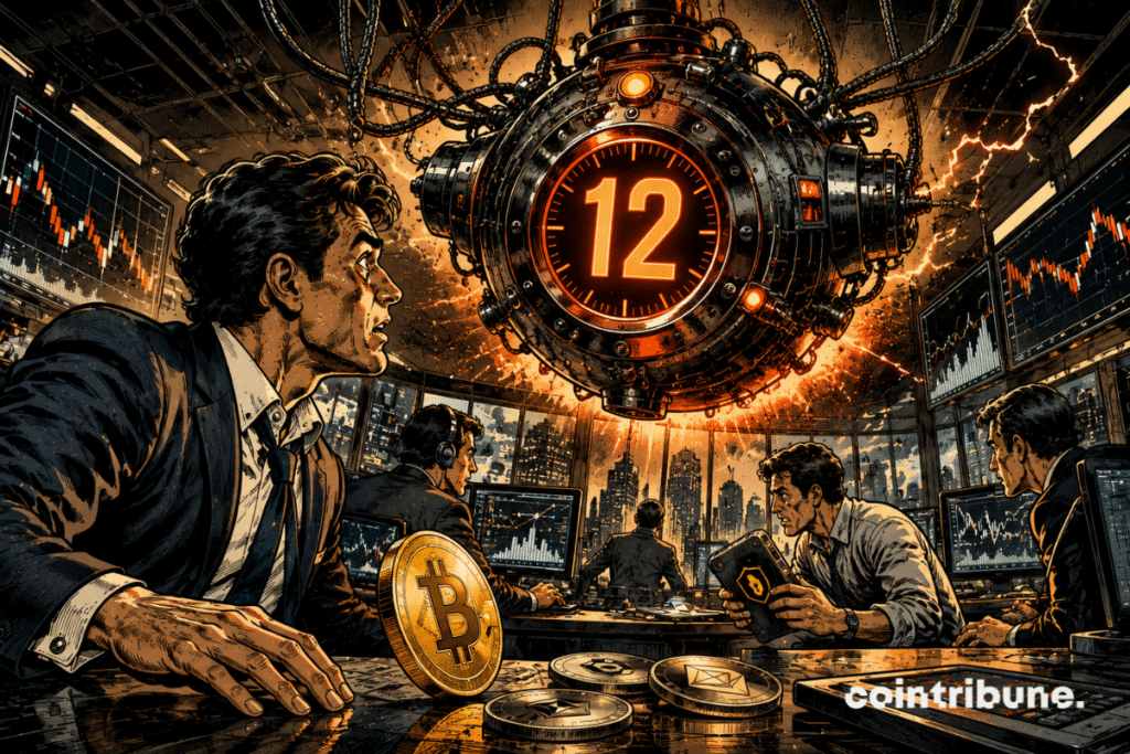 Des traders crypto observent un immense compte à rebours affichant 12 au-dessus d’une salle de marché sous tension.