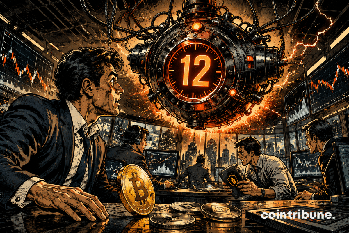 Des traders crypto observent un immense compte à rebours affichant 12 au-dessus d’une salle de marché sous tension.