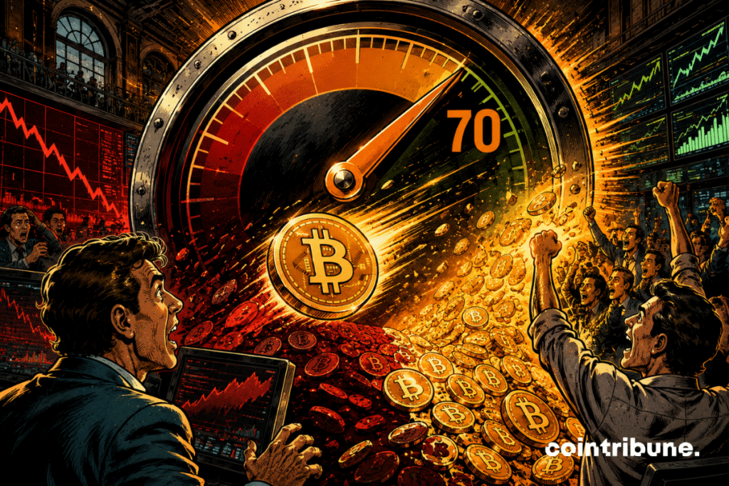 A Bitcoin gauge leaps toward 70 as the market flips from red to profit.