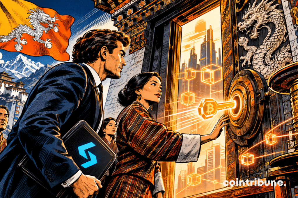 A Bhutanese official opens a glowing digital gateway beside a Bitget representative, with Himalayan mountains and blockchain symbols in the background.