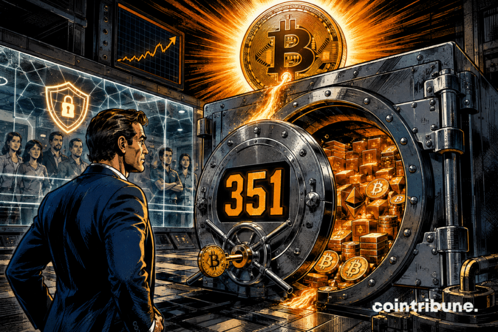 A crypto vault marked 351 overflows with reserves as a glowing Bitcoin symbolizes their strengthening.