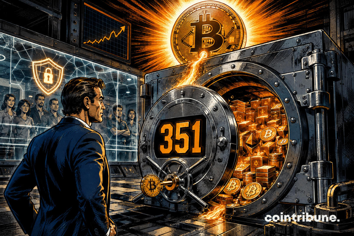 A crypto vault marked 351 overflows with reserves as a glowing Bitcoin symbolizes their strengthening.
