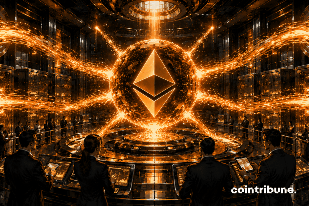 BitMine's executives observe the formation of a giant Ethereum crypto logo.