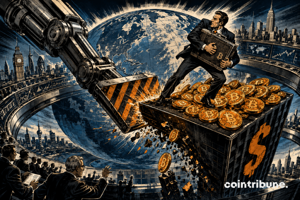 A platform loaded with bitcoin is being pushed out of a global financial ring by a mechanical arm.