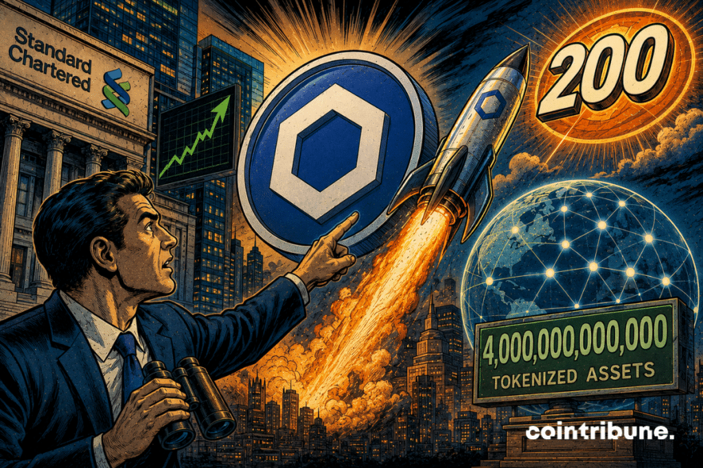 A man points a Chainlink rocket toward the sky, surrounded by a huge logo, skyscrapers, graphics, and a glowing, connected globe.