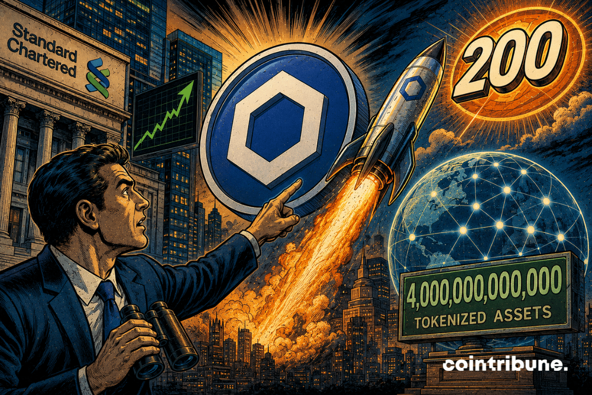 A man points a Chainlink rocket toward the sky, surrounded by a huge logo, skyscrapers, graphics, and a glowing, connected globe.