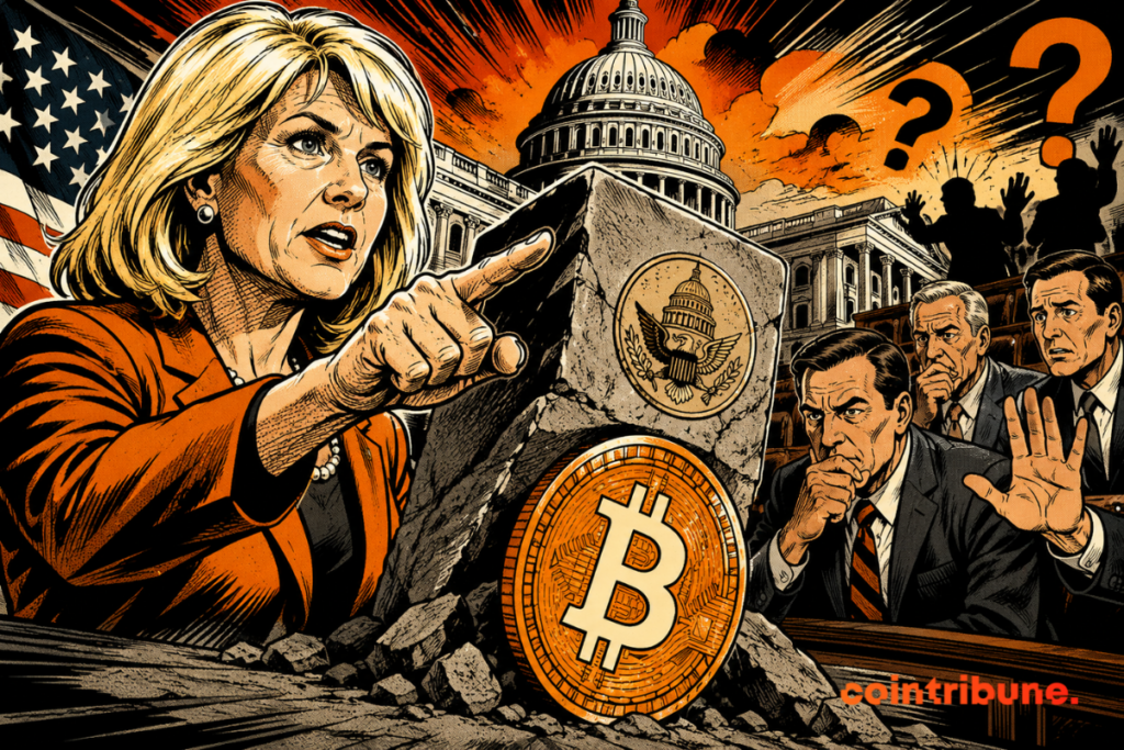 Illustration montrant Cynthia Lummis devant le Capitole américain, un symbole Bitcoin et des sénateurs divisés autour du vote sur le CLARITY Act.