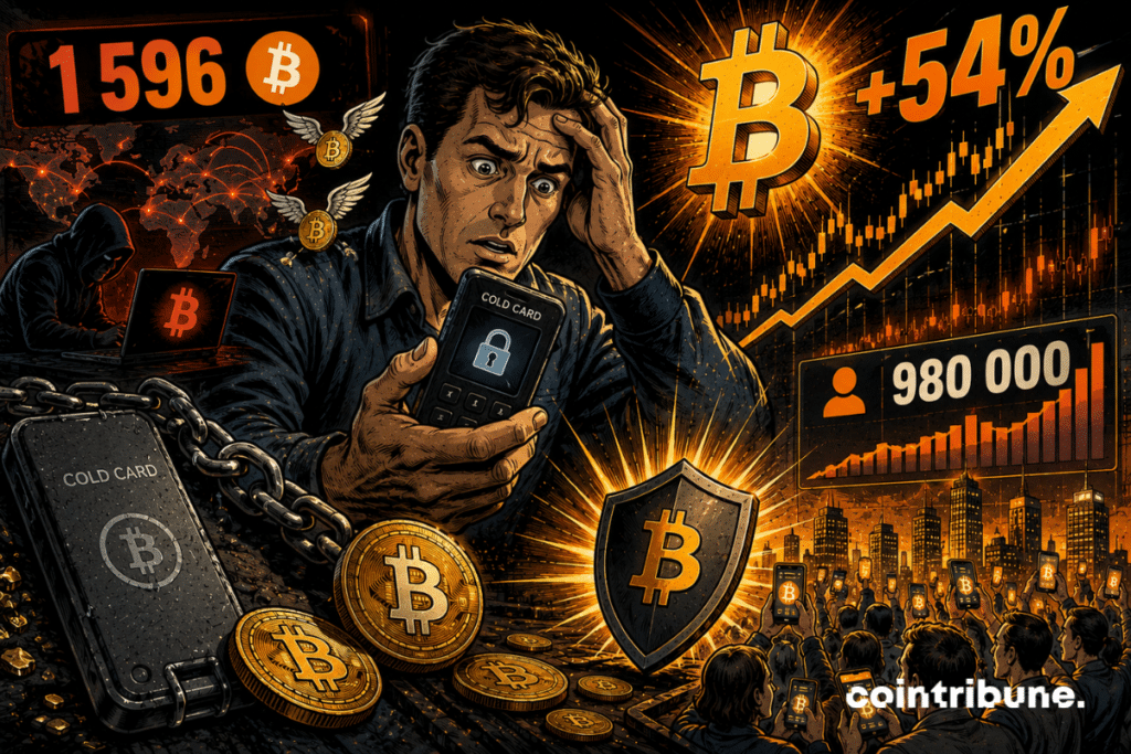 Un homme inquiet tient un portefeuille Coldcard devant un pirate, des bitcoins, des cadenas, une foule et plusieurs graphiques fortement ascendants.