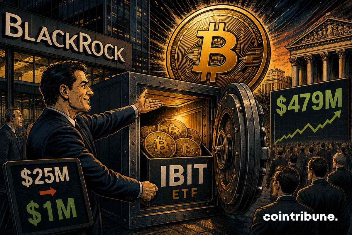 Um homem abre um cofre cheio de bitcoins em frente à BlackRock, enquanto investidores observam números e um gráfico em alta.