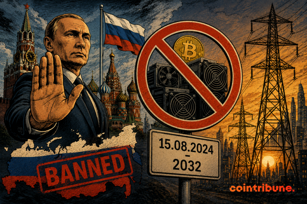 A Russian official raises his hand in front of Moscow, while a banned symbol covers mining machines and a bitcoin.