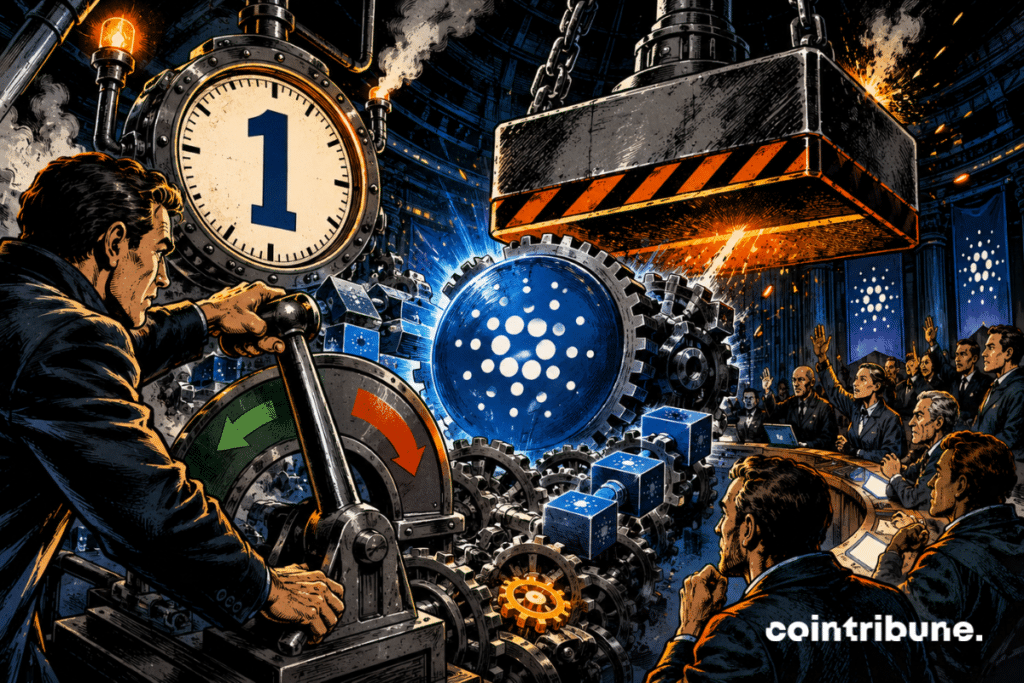 Un opérateur actionne un levier face à la crypto ADA et au réseau Cardano tandis qu’un cadran affiche 1 et qu’une presse menace les engrenages.