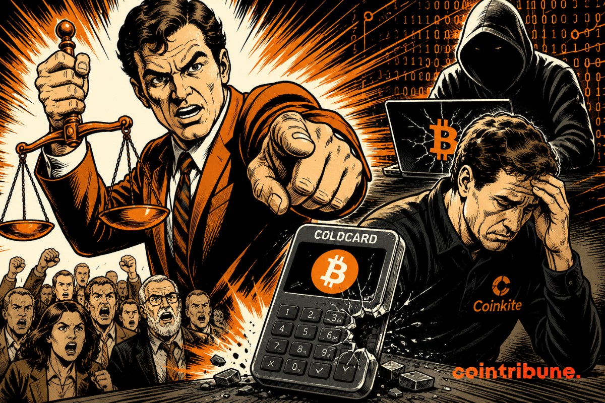 Illustration représentant la class action envisagée contre Coinkite après le piratage des wallets COLDCARD, avec un portefeuille Bitcoin compromis, un pirate informatique et des victimes réclamant des poursuites.