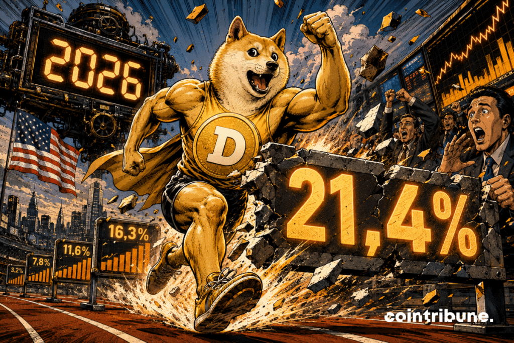 La crypto Dogecoin est personnifiée en sprinteur musclé, avec une grande pièce DOGE intégrée à son torse. Il traverse violemment une barrière mécanique affichant 21,4 %. Le personnage occupe environ les deux tiers de l’image, corps projeté vers l’avant, expression euphorique et déterminée.
