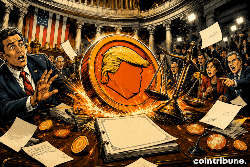 Une pièce memecoin crypto caricaturale percute une table de commission, faisant vaciller une balance de justice devant des élus surpris.