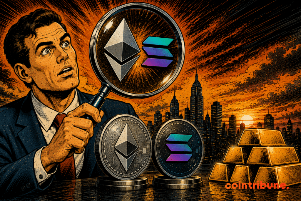 Un investisseur crypto explore à la loupe les logos d'Ethereum et de Solana.