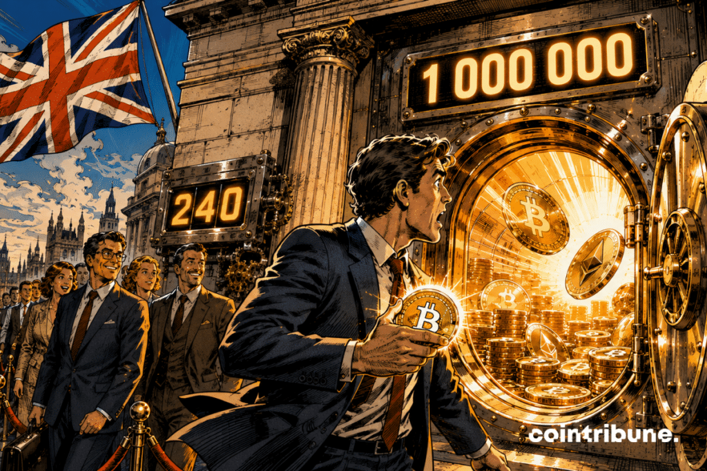 In front of an imposing London bank, a gigantic vault door displays only 1,000,000. A British investor in the foreground has just crossed the threshold, a glowing crypto wallet in hand. He turns around, utterly amazed by what he discovers. Behind him, a long line of investors moves toward the vault. A mechanical counter displays 240.