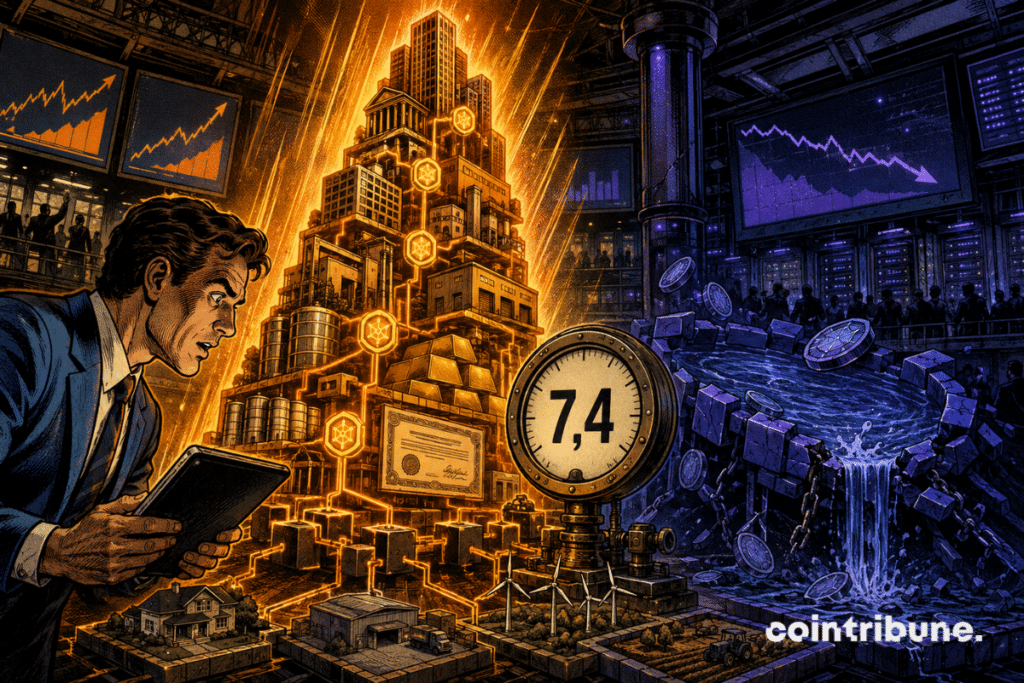An orange tower of tokenized real-world assets rises in front of a declining blue DeFi platform, beneath a gauge displaying 7.4.